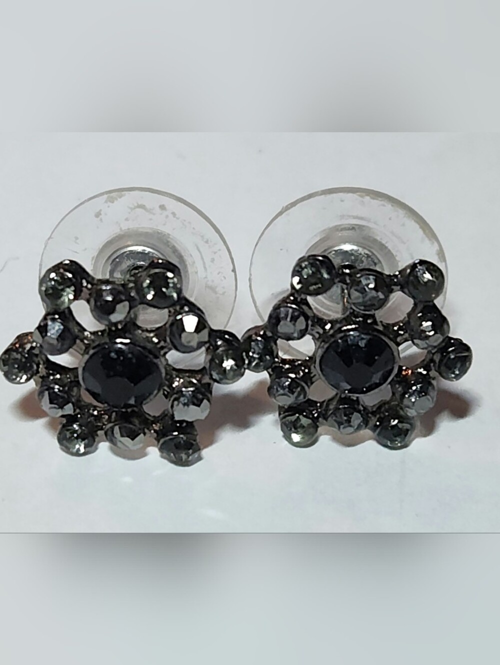 Vintage Black Crystal Floral Stud Earrings